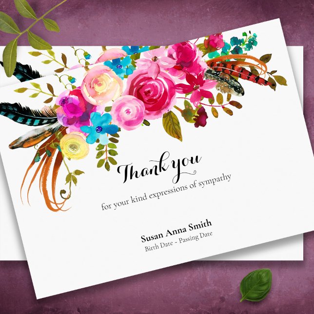 Cartões De Agradecimento Funcional | Penas e flore (Feather and florals bereavement memorial sympathy funeral thank you card)