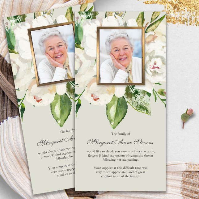 Cartões De Agradecimento Funcional | Rosa Branca e (funeral thank you cards, bereavement, elegant, simple, celebration of life, sympathy card)
