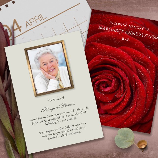 Cartões De Agradecimento Funcional | ROSA VERMELHA (funeral thank you cards, bereavement, elegant, simple, celebration of life, sympathy card)