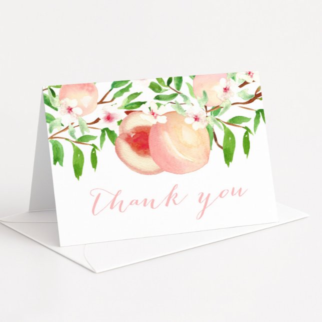 Cartões de agradecimento para Chá de Bebê, Peach O (Sweet as a peach folding thank you card design featuring pretty watercolor peaches and leaves)