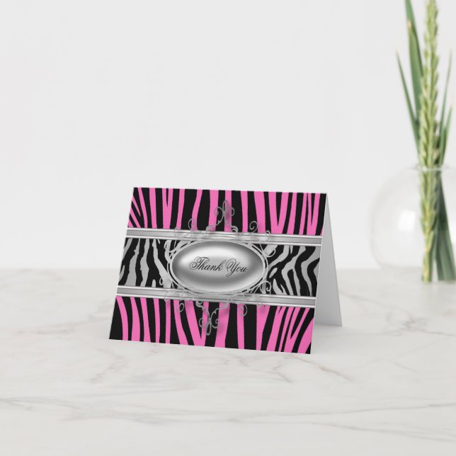 Cartões de Agradecimento Preto e Rosa Zebra (Frente)