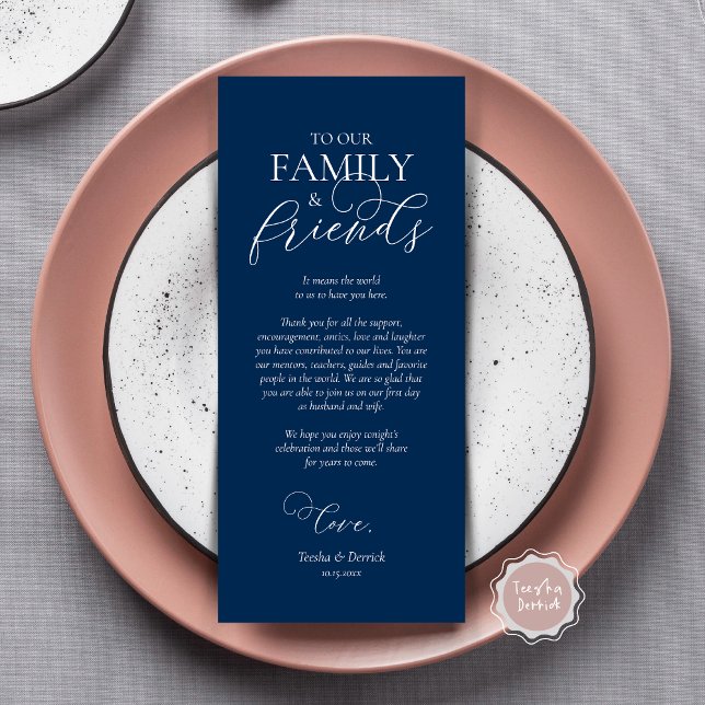 Cartões de agradecimentos Azul, Configuração de Lo (Wedding Dinner Place Setting Thank You Card, Modern Romantic Script, Plate Decor, Navy Blue)