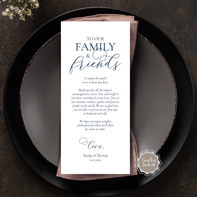 Cartões de agradecimentos Azul, Configuração de Lo (Wedding Dinner Place Setting Thank You Card, Modern Romantic Script, Plate Decor, Navy Blue)