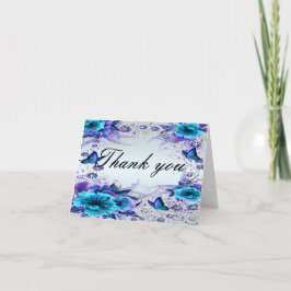 Cartões de agradecimentos Azul Floral E Borboleta