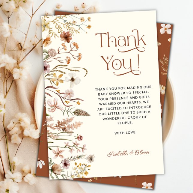 Cartões de agradecimentos Boho Floral Chá de frald (Boho Floral Baby Shower Terracotta Thank You Card)