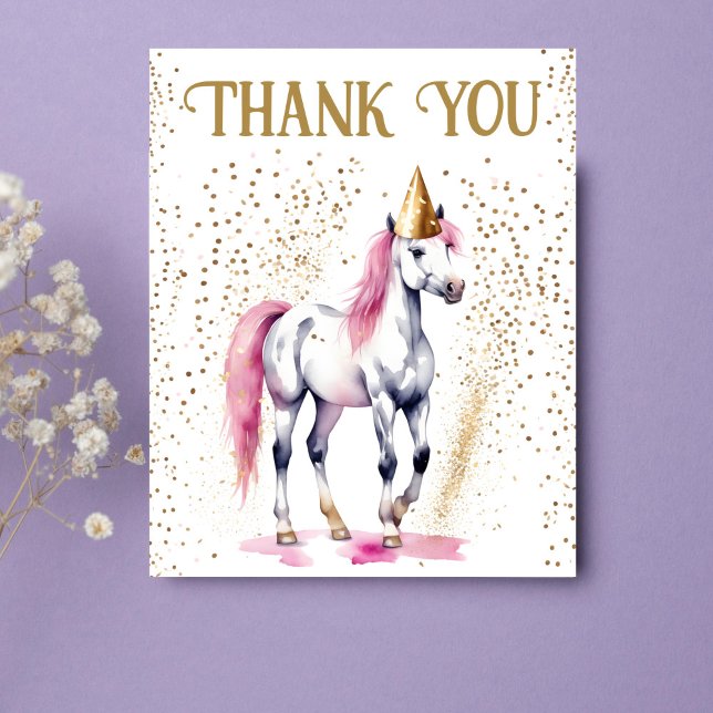 Cartões de agradecimentos branco de festa de anive (Pony horses equestrian birthday party thank you card beautiful watercolor white pony with party hat)