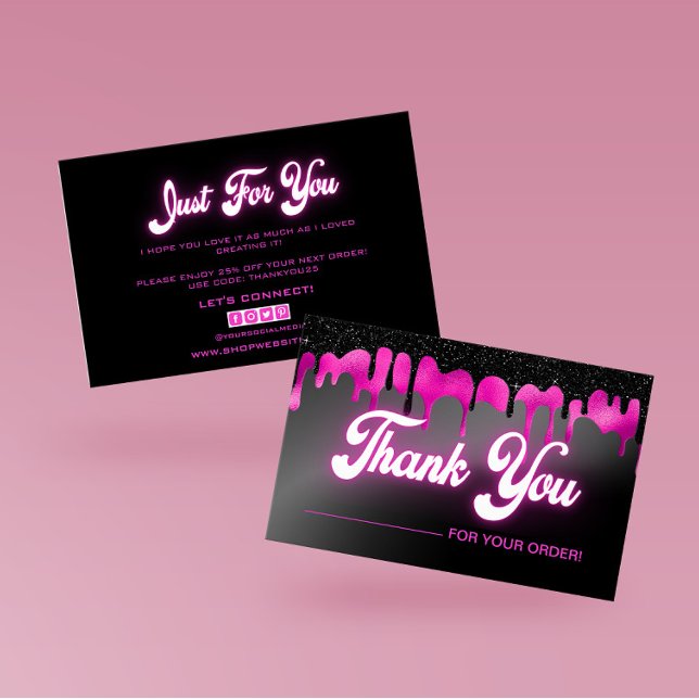 Cartões de agradecimentos brilhante de gotejamento (Gorgeous Black and Pink Dripping Liquid Thank You Cards For Your Beauty Business! )