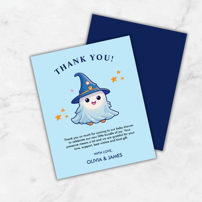Cartões de agradecimentos Chá de fraldas Blue A Li (Budget Blue A Little Boo Halloween Baby Shower Thank You Card )