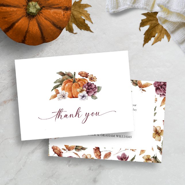 Cartões de agradecimentos de abóbora (Fall Watercolor Floral Pumpkin Thank You Cards)
