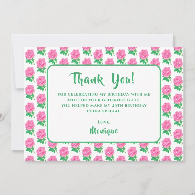 Cartões de agradecimentos de aniversário rosa rosa (Frente)
