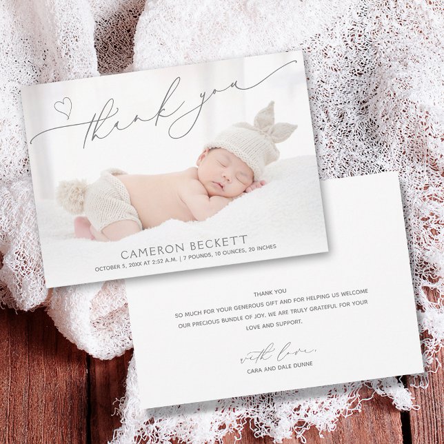 Cartões de agradecimentos de Anúncio de Nascimento (Baby photo birth announcement flat thank you cards with your message on the back.)