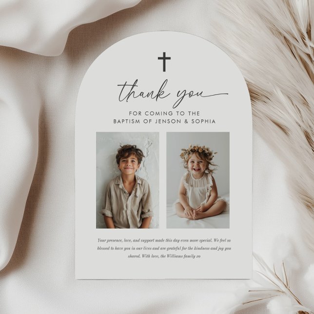 Cartões de agradecimentos de Arca Fotográfica Bapt (Zazzle Joint Baptism 2 Photo Arch Thank You Card)