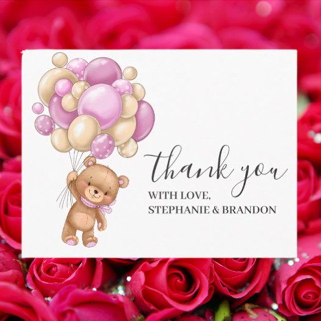 Cartões de agradecimentos de Balões de PINK do Urs (Express your heartfelt gratitude with our Birthday Teddy Bear PINK Balloons Thank You Card)