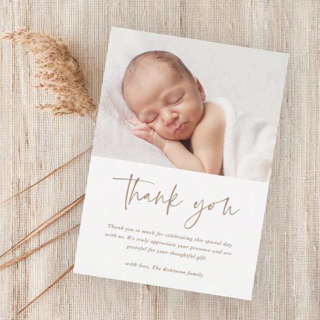 Cartões de agradecimentos de Batismo Religioso de  (Modern script baby photo budget baptism thank you card.)