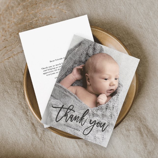 Cartões de agradecimentos de Bebê de Foto Manuscri (Simple photo baby thank you card with modern handwritten script typography overlay.)