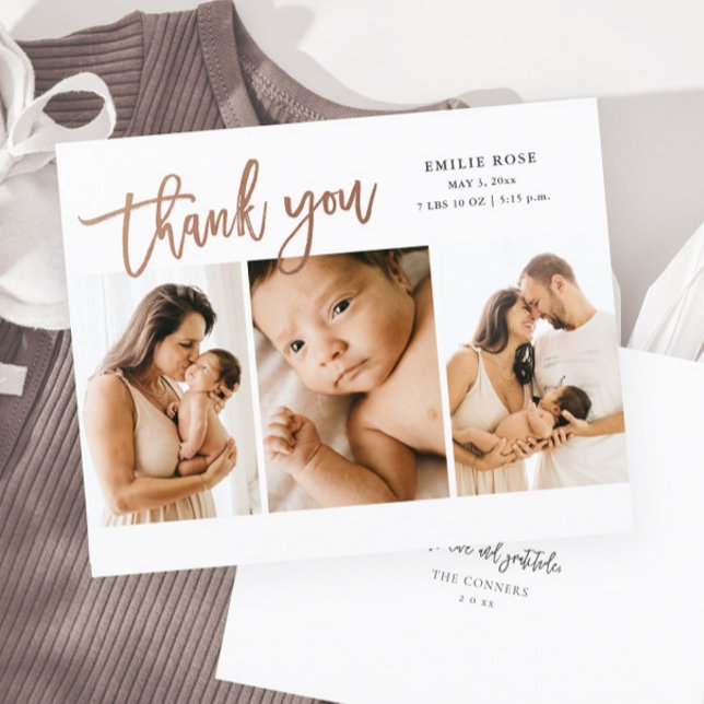 Cartões de agradecimentos de Bebê Fotográfico 3 do (Modern rose gold script lettering 3 photo baby thank you card brith announcement.)