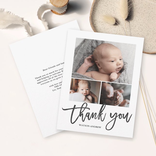 Cartões de agradecimentos de Bebê Fotográfico manu (Simple photo collage baby thank you card with modern script thank you.)