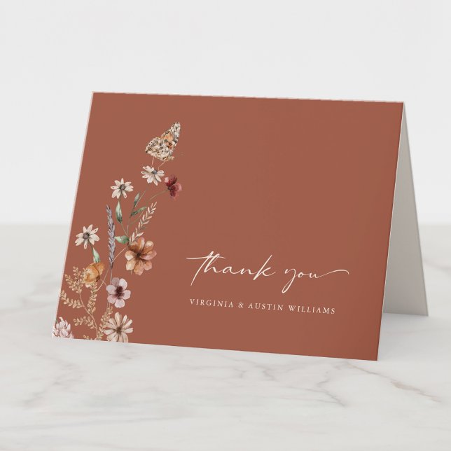 Cartões de agradecimentos de Casamento Boho Terrac (Boho Terracotta Wildflower  Wedding Thank You Card with Butterfly by Painted Paperie
)