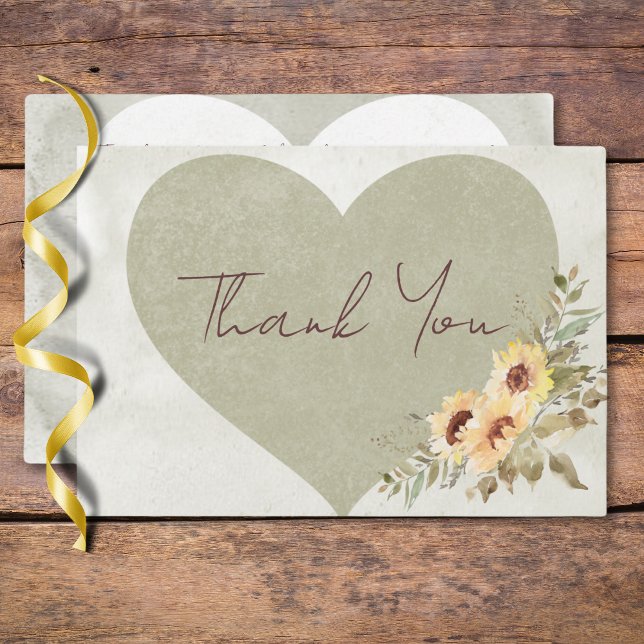 Cartões de agradecimentos de Casamento Cardíaco Bo (Soft Sunflowers Boho Heart Wedding Thank You Card)