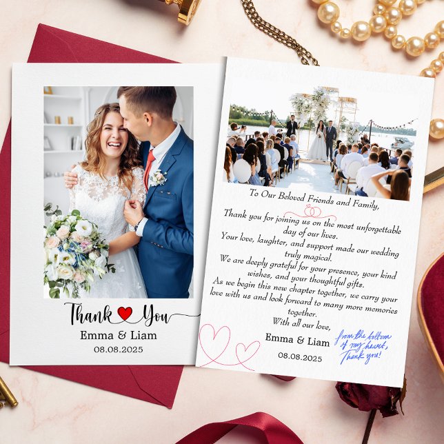 Cartões de agradecimentos de Casamento com Foto |  (Custom Wedding Thank You Card with Photo & Handwritten "From the Bottom of My Heart" Note)