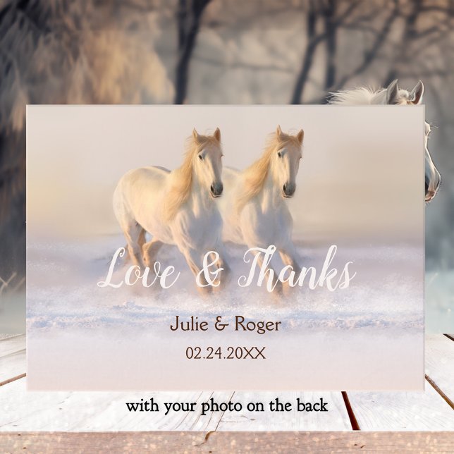 Cartões de agradecimentos de Casamento de Cavalos  (Photo wedding Thank You card featuring a painting of two white horses running in the snow)
