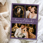 Cartões de agradecimentos de Casamento de Colagem<br><div class="desc">Orçamento, Moderno, Elegante "Amor e Obrigados" Script Mauve Wedding 3 Photo Collage (Colagem de Fotos 3) Obrigado Cartão Fino De Barato Orçamentário Baixo. Você pode fazer upgrade para que este cartão seja impresso no estoque de papelão. Apresentando três (3) fotos na frente e uma (1) fotos no verso. Com o...</div>