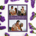 Cartões de agradecimentos de Casamento de Colagem<br><div class="desc">Ortografia Elegante "Amor e Obrigados" Mauve Wedding 3 Colagem Fotográfica Obrigado A Baixo Barato De Orçamento Cartão Fino Barato. Você pode fazer upgrade para que este cartão seja impresso no estoque de papelão. Apresentando três (3) fotos na frente e uma (1) fotos no verso. Com o texto "Amor e obrigados"...</div>