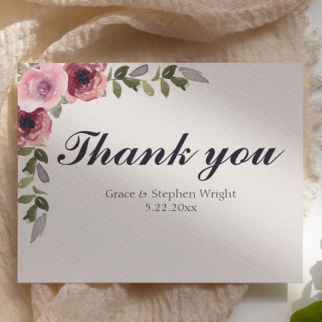 Cartões de agradecimentos De Casamento De Flor Ros (watercolor floral pink rose thank you wedding card)