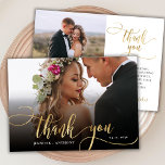 Cartões de agradecimentos de Casamento de Foto do<br><div class="desc">Modern Boho Elegante Chic Dourado Calliografia Script Casamento 2 Foto Cartões de agradecimentos. modelo obrigado de na moda com uma foto vertical de cheio na frente com o texto "Obrigado" em uma timírica carta tipografia escrita swash tail fonte de folha de ouro FAUX na foto e uma foto do lado...</div>