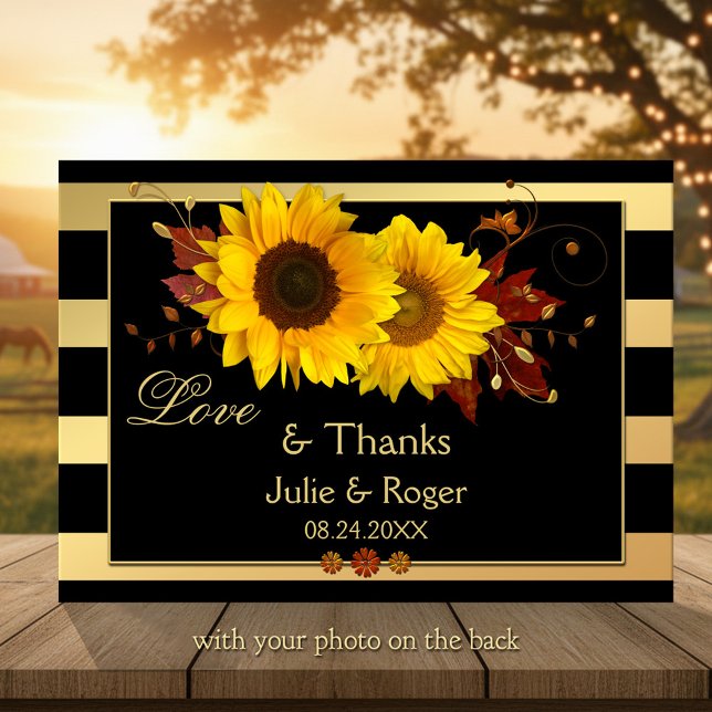 Cartões de agradecimentos de Casamento de Foto Dou (Thank You card featuring festive sunflowers, fall leaves and floral swirls on chic gold stripes)