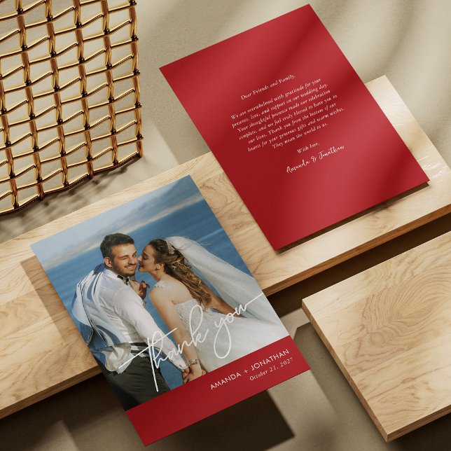 Cartões de agradecimentos de Casamento de Foto Ver (Elegant Red Wedding Thank You Card Personalized)
