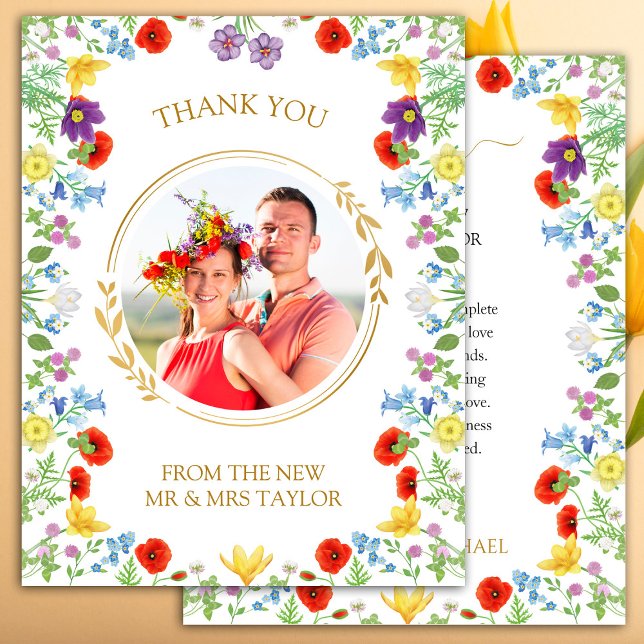 Cartões de agradecimentos de Casamento de Fotos Br (Wildflower White Photo Wedding Thank You Card)