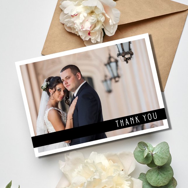 Cartões de agradecimentos de Casamento de Fotos Br (Modern Black White Photo Wedding Thank You Card)