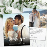 Cartões de agradecimentos de Casamento de Fotos de<br><div class="desc">Casamento de Fotos com Script Lettered Elegante de Mão Moderna Elegante de Orçamento Obrigado barato cartão fino de orçamento baixo. Obrigado moderno de casamento de Na moda, modelo com uma foto vertical de cheio na frente com o texto de sobreposição "Obrigado" em uma letra de script de tipografia escrita à...</div>