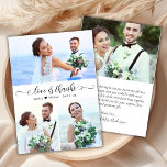 Cartões de agradecimentos de Casamento de Fotos de<br><div class="desc">Obrigados e Amor Elegante Moderno de Orçamento Script 3 Colagem de Fotos Casamento Obrigado barato cartão fino de orçamento baixo. Na moda com o obrigado de casamento que você modelo com 3 fotos na frente com o texto de "Amor e Obrigados" em um texto de letra de letras maiúsculas ou...</div>
