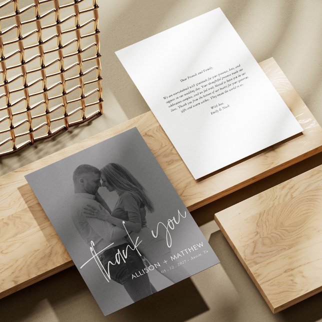 Cartões de agradecimentos de Casamento de Fotos do (Personalized Elegant White Script Photo Wedding Thank You Card)