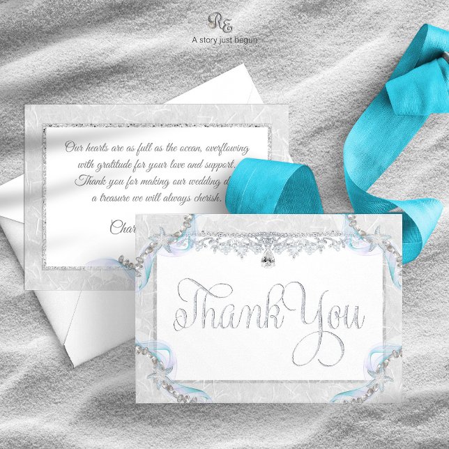 Cartões de agradecimentos de Casamento de Praia de (Starfish Beach Thank You Card with silver glitter look and starfish accents, front and back view.)