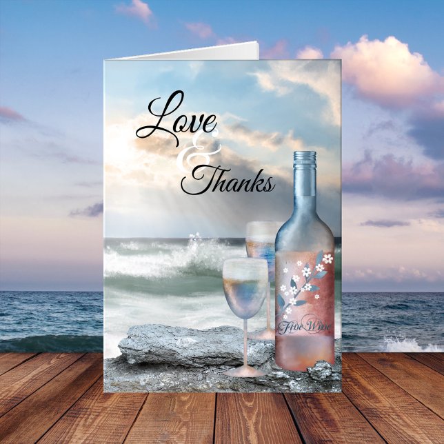 Cartões de agradecimentos de Casamento de Sonhos d (Wedding Thank You card featuring an original painting of a wine bottle with glasses at the beach)