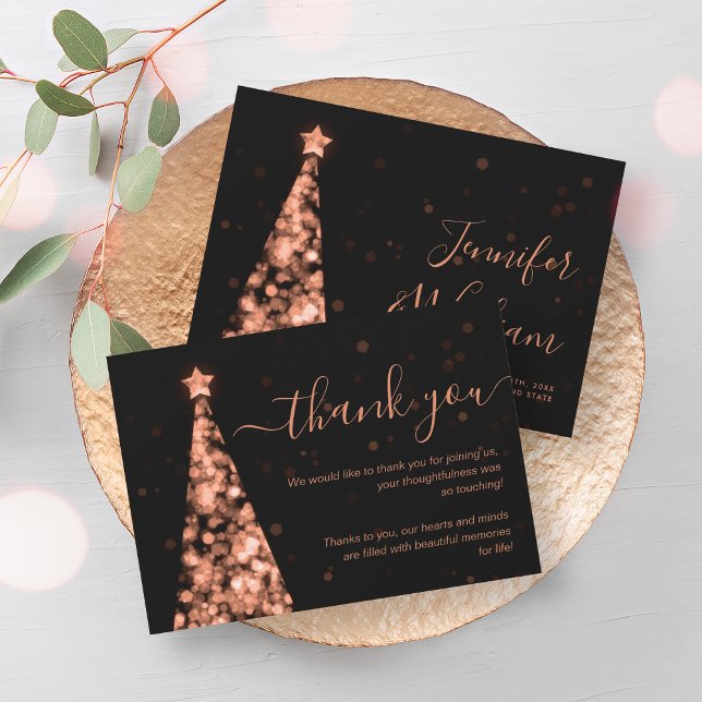 Cartões de agradecimentos de Casamento Dourado Ros (Festive Xmas Tree Rose Gold Wedding Thank You Card)