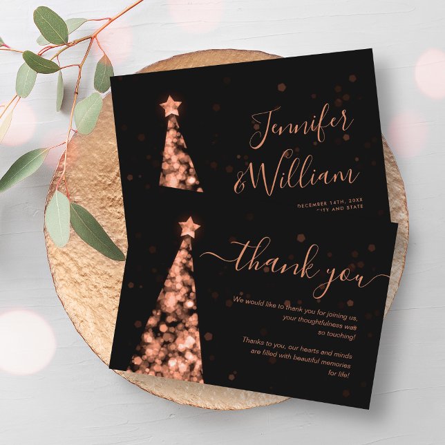 Cartões de agradecimentos de Casamento Dourado Ros (Festive Xmas Tree Rose Gold Wedding Thank You Card)