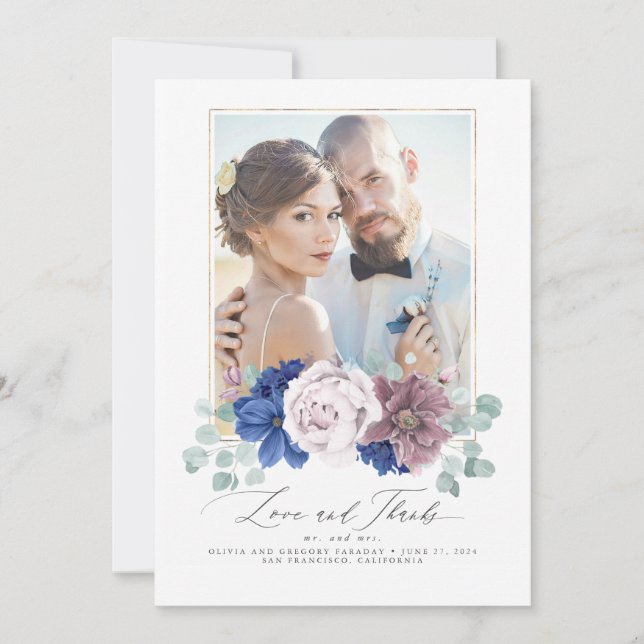 Cartões de agradecimentos de Casamento Floral Azul (Frente)