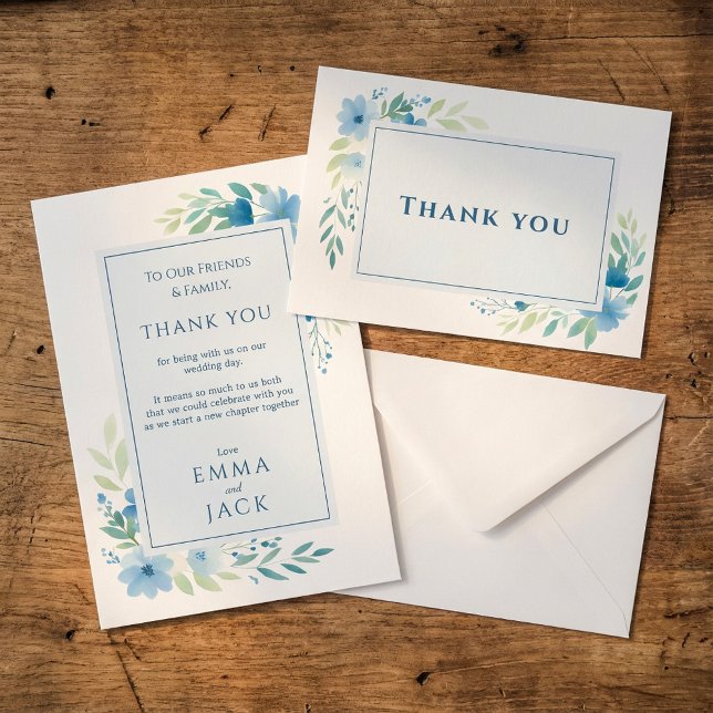 Cartões de agradecimentos de Casamento Floral Azul (Elegant Blue Floral Wedding Thank You Card.)
