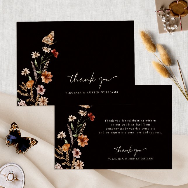 Cartões de agradecimentos de Casamento Floral Blac (Black Boho Floral Wedding Thank You Card with Butterfly by Painted Paperie
)