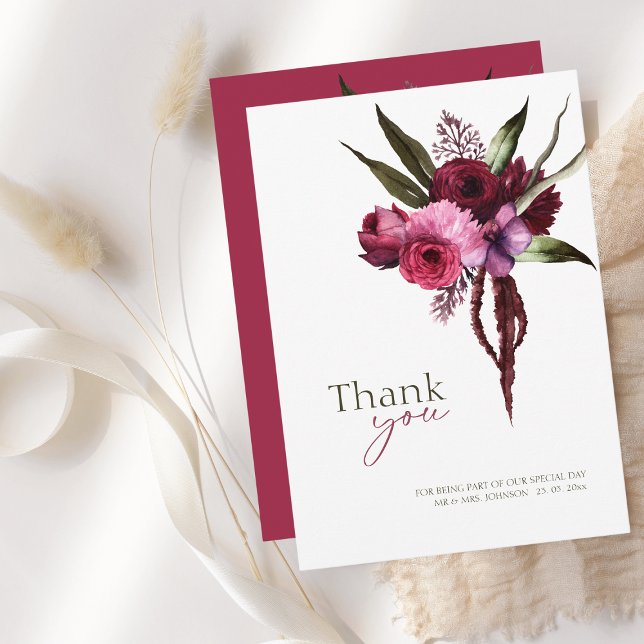 Cartões de agradecimentos de Casamento Floral Eleg (Elegant Burgundy Floral Wedding Thank You Card)