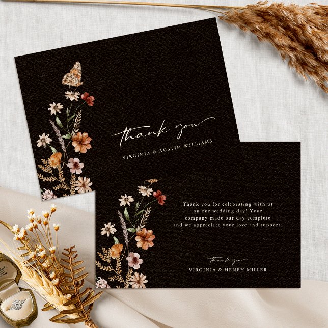 Cartões de agradecimentos de Casamento Floral Negr (Black Floral Wedding Thank You Card with Butterfly by Painted Paperie
)