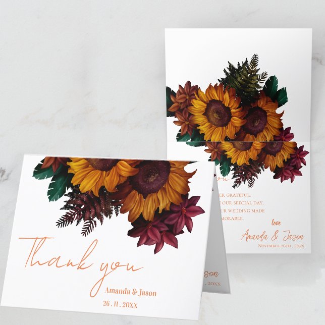 Cartões de agradecimentos De Casamento Floral Russ (Burnt Orange Rustic Floral Wedding Thank You Card)