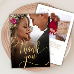 Cartões de agradecimentos de Casamento Fotográfico<br><div class="desc">Cartões de agradecimentos De Casamento Fotográfico do Script 2 Dourado de Caligrafia Moderno Boho. modelo obrigado de na moda com uma foto vertical de cheio na frente com o texto "Obrigado" em uma timírica carta esbranquiçada tipografia swash tail script faux gold foil overlay na foto. Placa de dois lados com...</div>