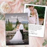 Cartões de agradecimentos de Casamento Fotográfico<br><div class="desc">Moderno Elegante Caligrafia Fotográfica Casando 2 Cartões de agradecimentos. Obrigado de casamento moderno, você modelo com uma foto vertical de cheio na frente, com o texto "Obrigado" em uma escrita com letras brancas e sujas tipografia, swash tail, escrito em branco, na imagem. Placa de dois lados com 2 fotos. Facilmente...</div>