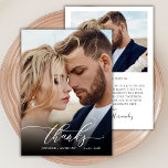 Cartões de agradecimentos de Casamento Fotográfico<br><div class="desc">Modern Chic Boho Calliografia Script Wedding 2 Photo Cartões de agradecimentos. modelo obrigado de na moda com uma foto vertical de cheio na frente com o texto "Obrigados" em uma letra mimada de tipografia tipográfica, escrita com letras brancas, na cobertura branca, e uma foto do lado reverso e uma mensagem...</div>