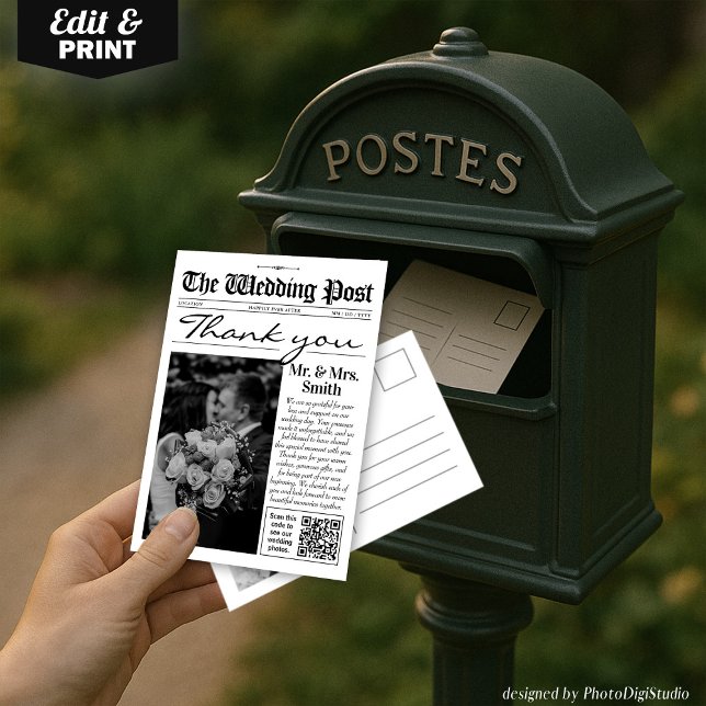 Cartões de agradecimentos de Casamento Moderno, Jo (Modern Thank You Card Wedding Newspaper Card)